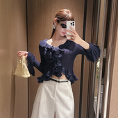 代购 针织衫 春季 温柔风V领荷叶边喇叭袖 女上衣 法式 partysu韩国正品