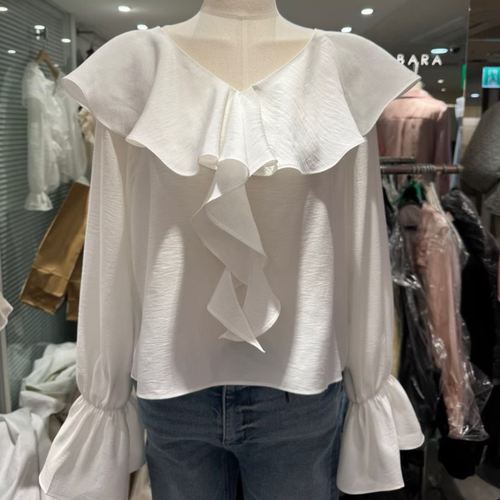 韩国正品代购 BARBARA GIRL春季新款甜妹露背荷叶边雪纺衫V领衬衫