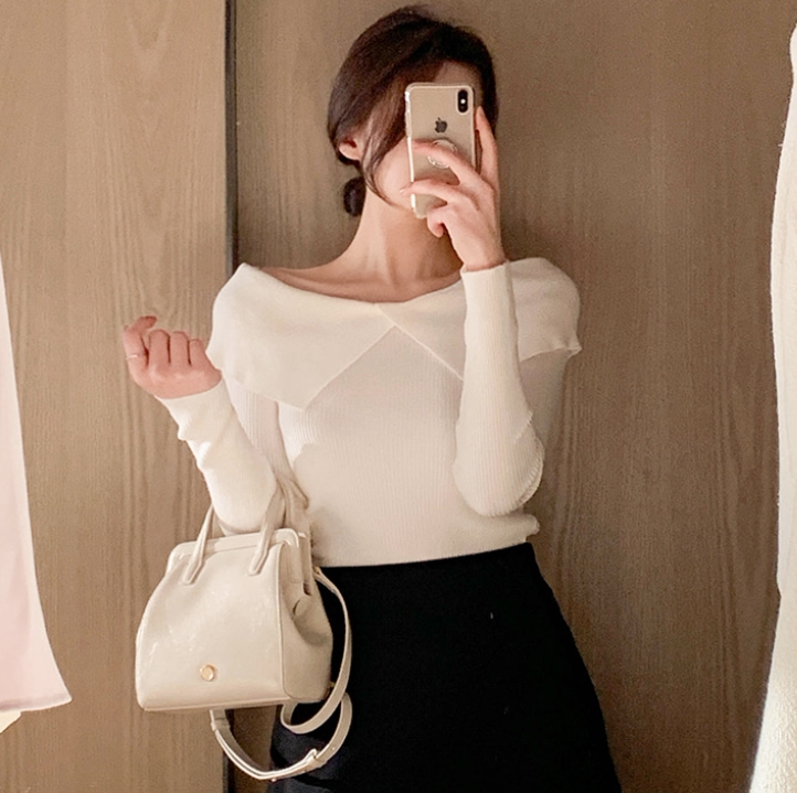 韩国正品代购春季新款翻领长袖针织衫女套头简约上衣毛衣