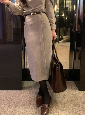 轻熟风毛呢半身裙女灰色高腰中长款通勤显瘦显腿长高级感