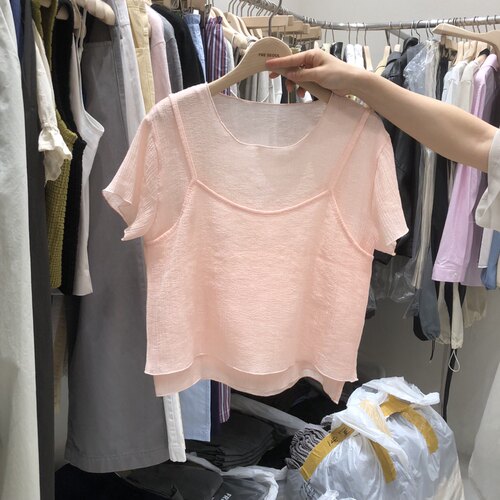韩国正品代购 FRE夏季新款甜美时尚百搭基础款简约假两件短袖T恤