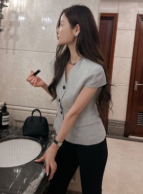 Partysu正品 韩国代购 优雅通勤时尚百搭V领单排扣短袖西装外套