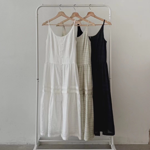 韩国正品代购 AN STAND春季新款减龄清新格纹纽扣开衩吊带连衣裙