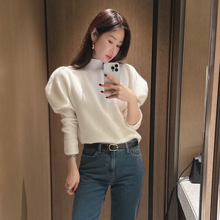 partysu正品 韩国代购 优雅风泡泡袖针织衫修身显瘦打底毛衣