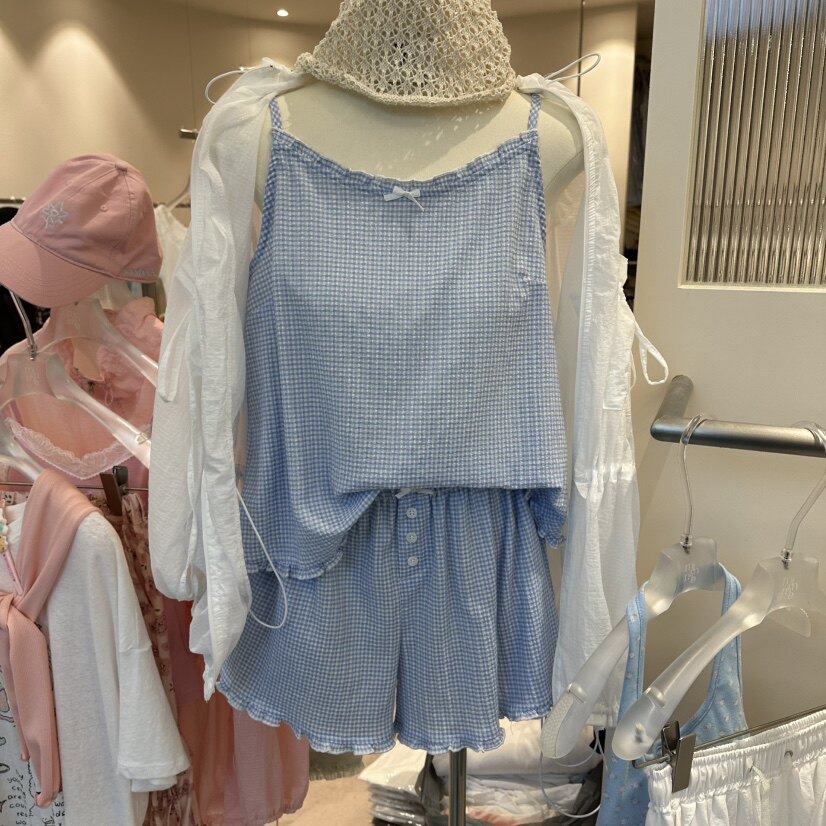 韩国正品代购 MIMME夏款清新格纹套装减龄甜美花边背心+休闲短裤