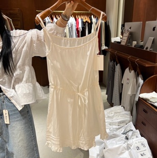 新款 春季 吊带连衣裙女百搭减龄抽绳木耳边连衣裙 代购 韩国正品