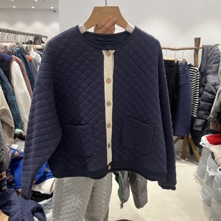 BLOOM韩国正品代购2025简约圆领菱格纹开衫女宽松保暖棉服外套