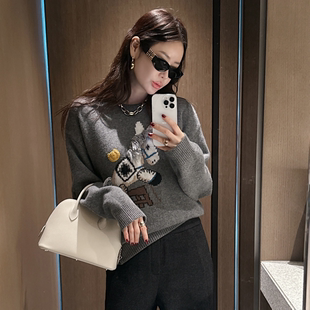 Partysu正品 韩国代购 可爱风小马刺绣针织衫女宽松长袖毛衣