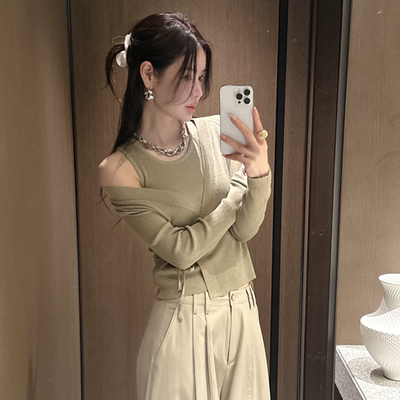 Partysu正品 韩国代购春名媛风亮丝光泽感圆领修身背心+针织开衫