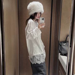 partysu韩国正品代购2026春季新款蕾丝拼接长袖T恤女打底衫上衣