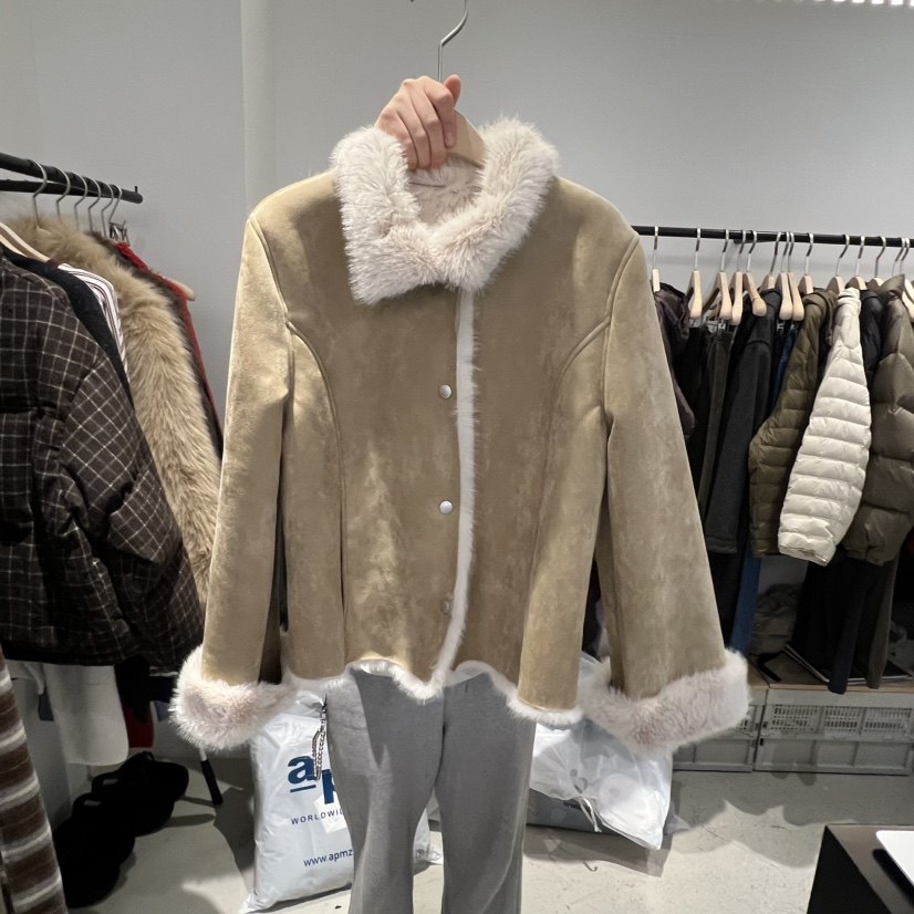 PLATE韩国正品代购2025复古毛领皮毛一体短外套女冬季翻领夹克