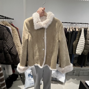 PLATE韩国正品代购2025复古毛领皮毛一体短外套女冬季翻领夹克