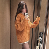 女长袖 partysu韩国代购 慵懒风V领针织衫 宽松毛衣保暖上衣