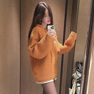 partysu韩国代购 慵懒风V领针织衫女长袖宽松毛衣保暖上衣