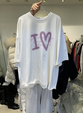 MORAN韩国正品代购2025百搭宽松圆领爱心字母印花短袖T恤女