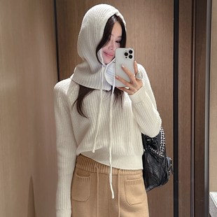 partysu韩国正品代购2026慵懒风带帽针织衫女宽松毛衣减龄上衣