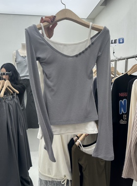 CHAV韩国正品代购2026假两件长袖T恤女修身大V领装饰上衣