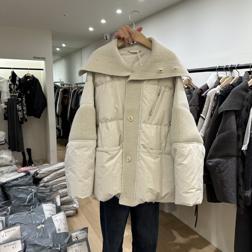 即发 WINSOME 韩国正品代购 设计感针织大翻领羽绒服女短款外套