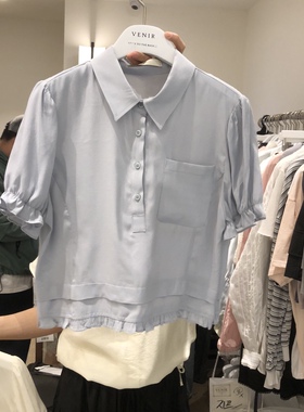 韩国正品代购 VENIR-a春季新款减龄短款清新简洁纯色翻领短袖衬衫