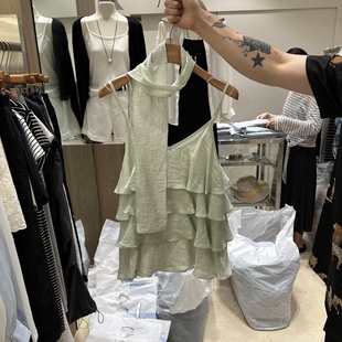 韩国正品代购 MELO夏款长飘带围巾V领多层荷叶边吊带上衣宽松背心