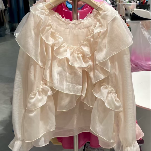 韩国正品代购 BARBARA GIRL春季新款仙气百搭款花边雪纺褶皱衬衫