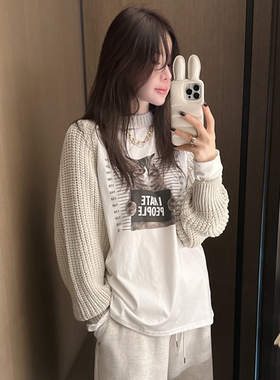 Partysu韩国代购 可爱休闲风针织拼接长袖女宽松圆领披肩
