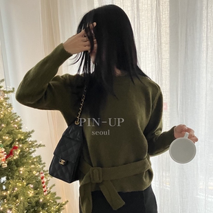 UP韩国正品 女收腰绑带毛衣打底衫 代购 针织衫 穿搭上衣 2025长袖 PIN