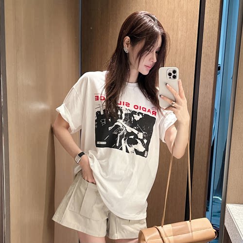 Partysu正品 韩国代购 宽松圆领基础款短袖复古人像印花休闲T恤