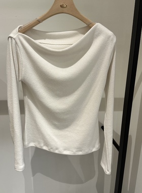 aube nunt韩国正品代购2025设计感荡领一字肩长袖T恤女褶皱打底衫