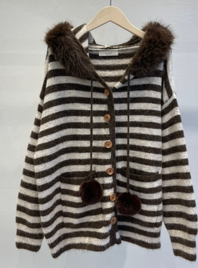 SERIN韩国正品代购慵懒风大毛领条纹连帽针织开衫女冬毛衣外套