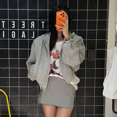 Lagirl韩国正品代购 吸晴辣妹风宽松拉链长袖连帽卫衣开衫短外套