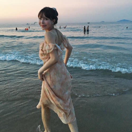 韩国正品代购夏款 度假风百搭时尚吊带荷叶边领口清新印花连衣裙