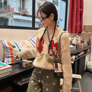 partysu韩国正品代购2025花朵刺绣毛衣女圆领针织衫冬季新款