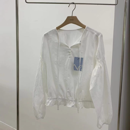 韩国正品代购 MELLOUNGE春季新款简约V领系带灯笼袖抽绳收腰衬衫