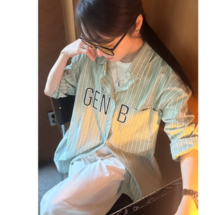 代购 字母印花防晒外套宽松衬衫 春季 女长袖 上衣 新条纹衬衫 韩国正品