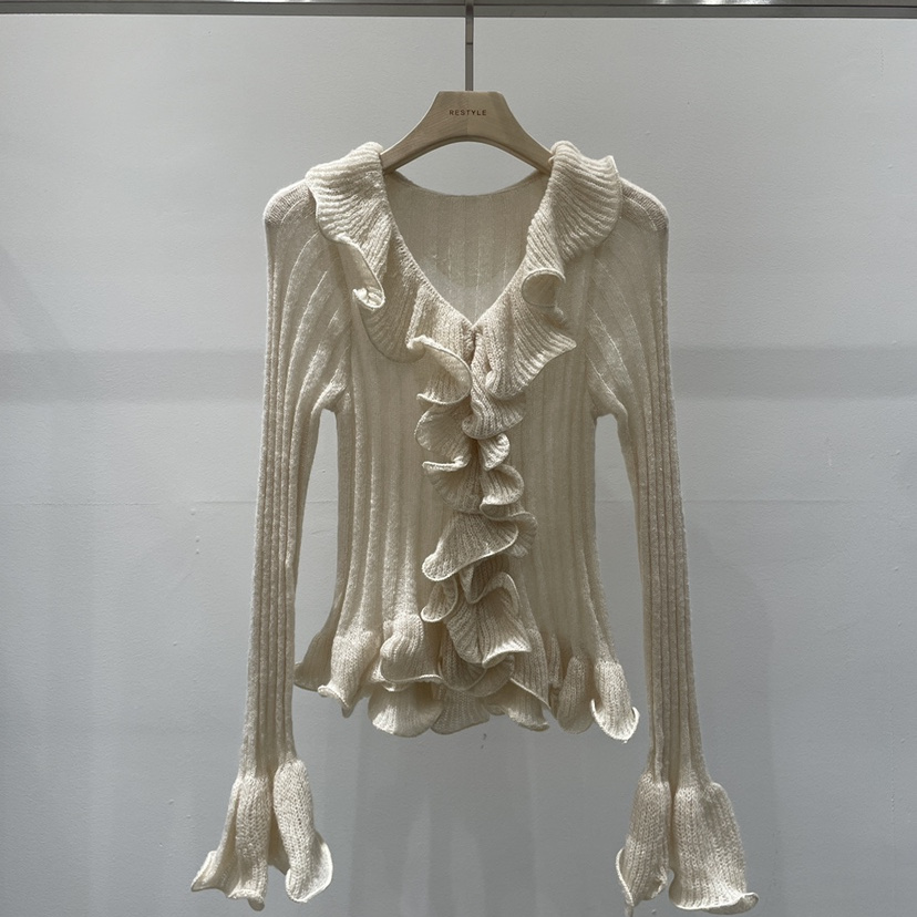 RE STYLE-Q韩国正品代购2025淑女风荷叶边V领针织衫女长袖上衣