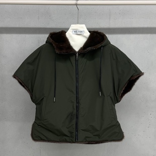 HELDER-P韩国正品代购2025毛领连帽马甲女短款宽松保暖外套双面穿