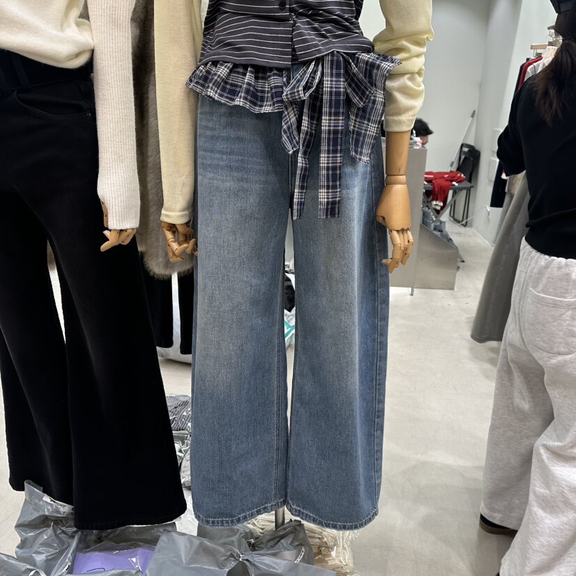 韩国正品代购2026新款复古系带阔腿女高腰直筒长裤百搭牛仔裤