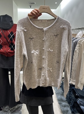 PART3韩国正品代购2025甜美风蝴蝶结刺绣针织开衫女百搭上衣