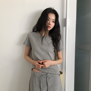 韩国正品代购春季新款 圆领短袖修身基础款简洁纯色气质显瘦T恤