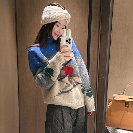 partysu韩国正品代购2025拼色图案高领宽松套头毛衣女百搭针织衫