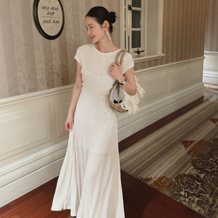 Partysu 韩国代购 名媛风长裙简约圆领气质修身优雅连衣裙