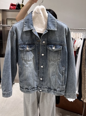 TEMPTING秋 韩国代购 个性复古休闲翻领宽松时尚百搭吸睛牛仔外套