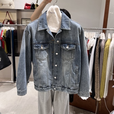 TEMPTING秋 韩国代购 个性复古休闲翻领宽松时尚百搭吸睛牛仔外套