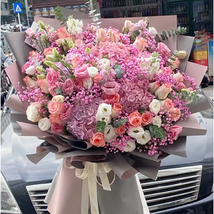 【小时达】52朵玫瑰粉绣球生日花束鲜花速递全国同城女友北京上海