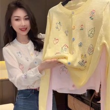 2025夏季新款韩版刺绣薄款长袖冰丝亚麻针织开衫防晒外套上衣女潮