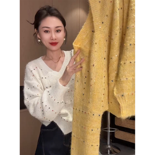 韩版温柔风彩色毛球亮片V领针织衫女秋季宽松百搭套头毛衣上衣潮