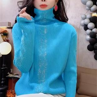 欧货2024秋冬新款高领针织衫女长袖重工镶钻时尚百搭毛衣弹力上衣