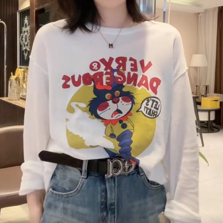 2025夏季新款时尚百搭T恤女字母猫卡通图案印花圆领长袖打底衫