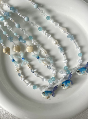 蓝色系原创串珠项链 猫眼石淡水珍珠 捷克珠项链配饰一条